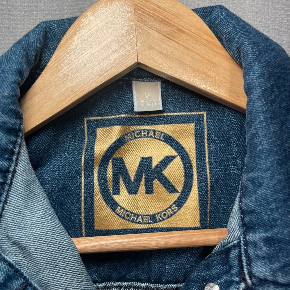 Michael Kors MK Denim Jacket Womens Medium Blue Gold‎ Logo Button Trucker Style